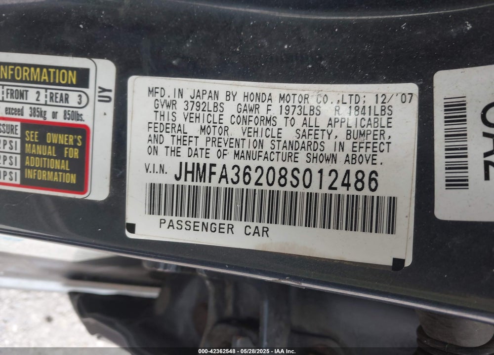 2008 HONDA CIVIC VIN: JHMFA36208S012486
