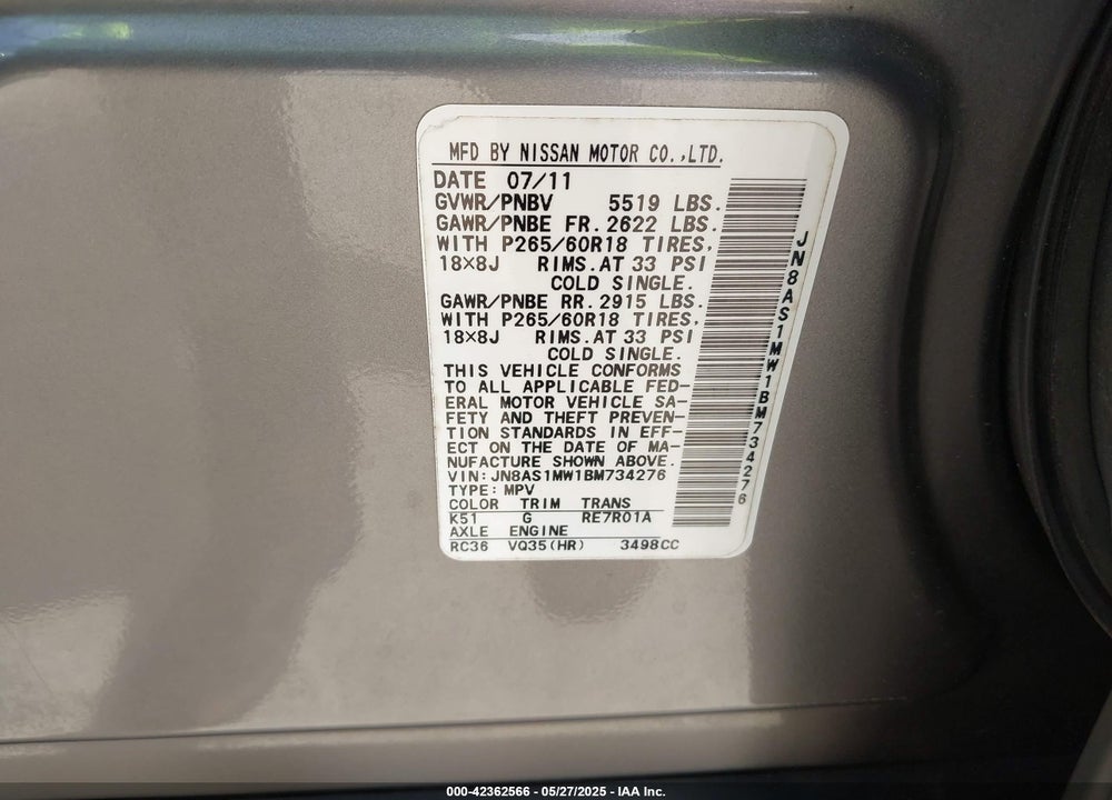 2011 INFINITI FX35 VIN: JN8AS1MW1BM734276