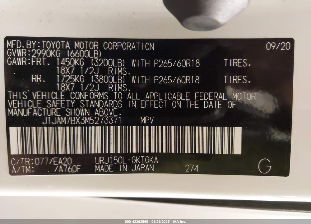 2021 LEXUS GX460 VIN: JTJAM7BX3M5273371