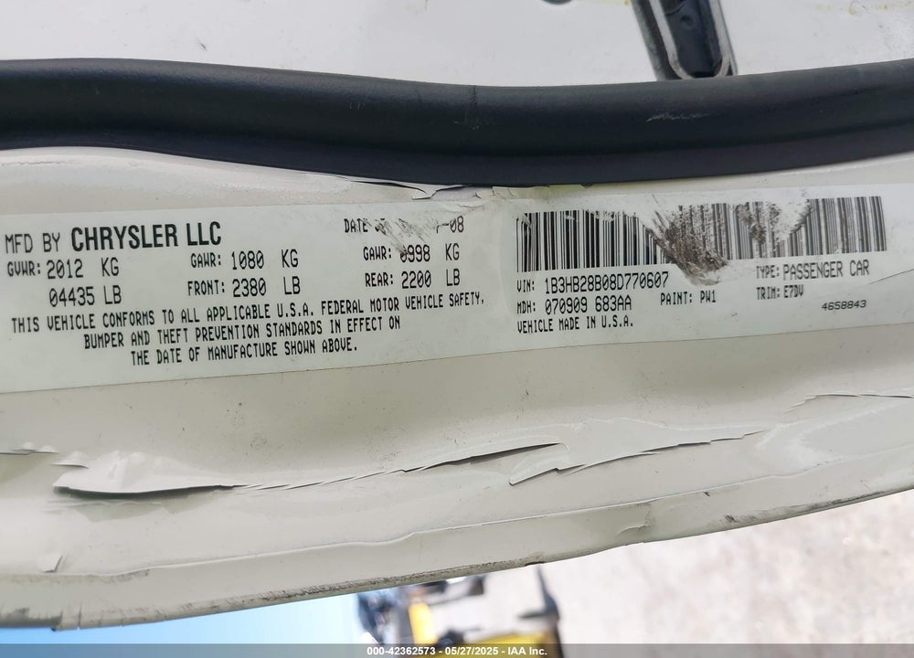 2008 DODGE CALIBER SE VIN: 1B3HB28B08D770607