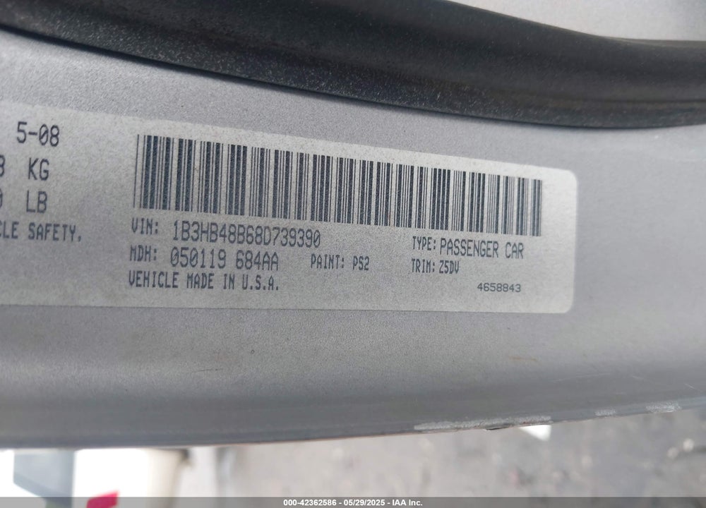 2008 DODGE CALIBER VIN: 1B3HB48B68D739390