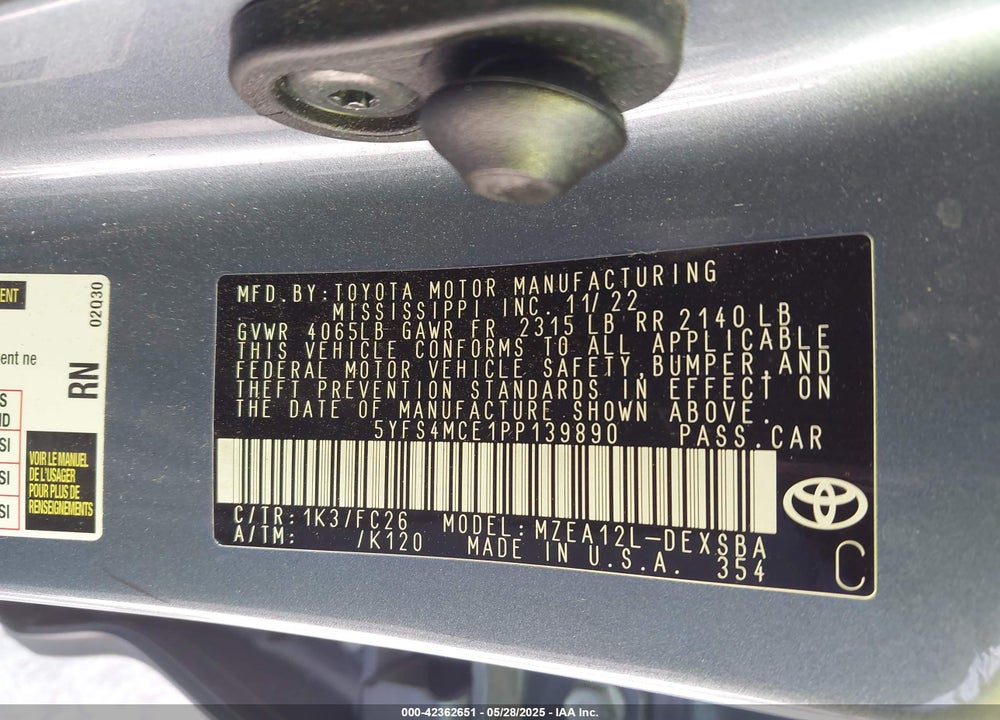 2023 TOYOTA COROLLA VIN: 5YFS4MCE1PP139890