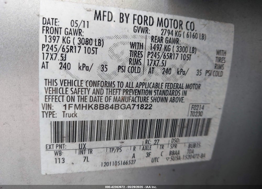 2011 FORD EXPLORER VIN: 1FMHK8B84BGA71822