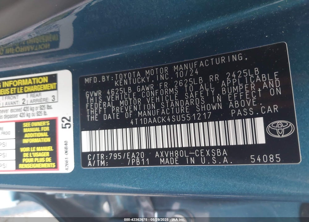 2025 TOYOTA CAMRY VIN: 4T1DAACK4SU551217