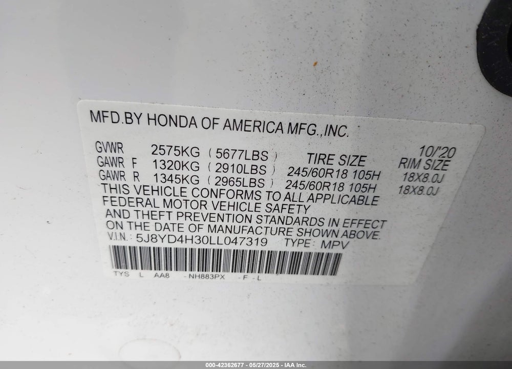 2020 ACURA MDX STANDARD VIN: 5J8YD4H30LL047319