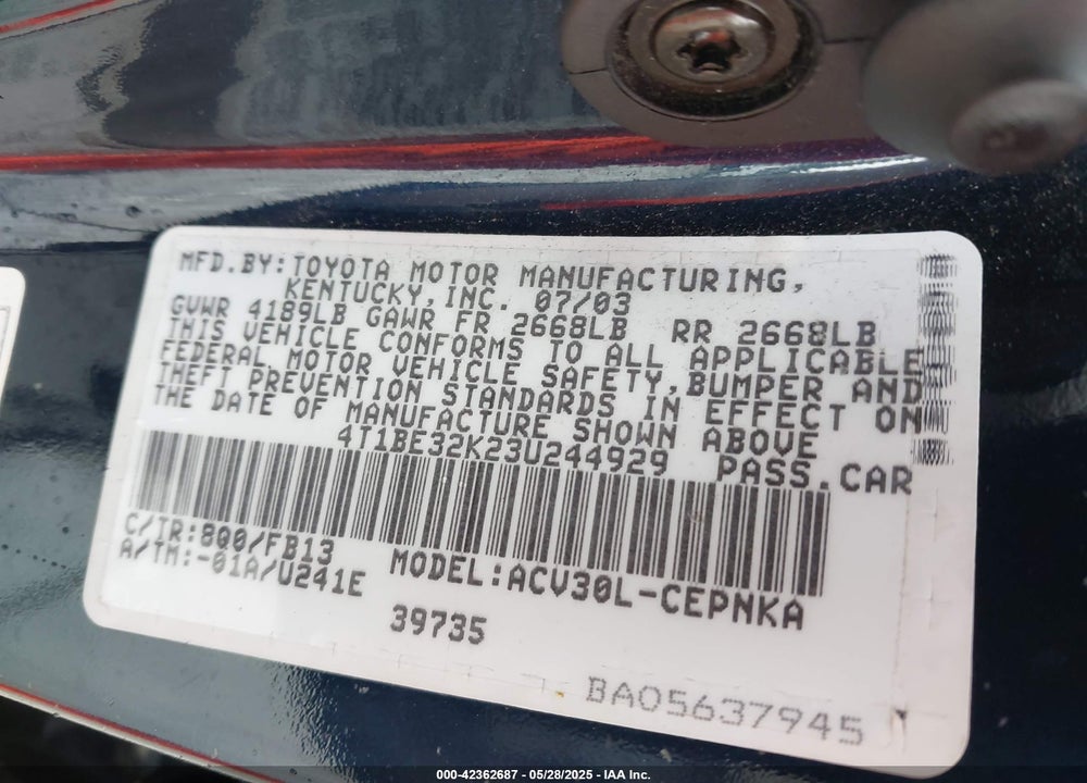 2003 TOYOTA CAMRY VIN: 4T1BE32K23U244929