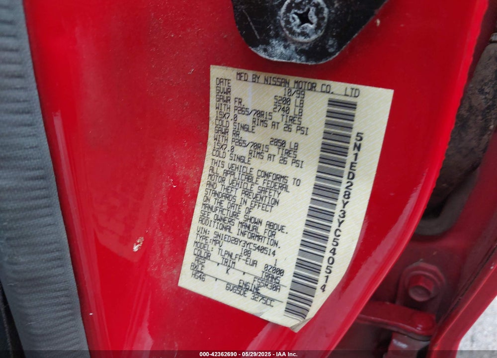 2000 NISSAN XTERRA VIN: 5N1ED28Y3YC540514