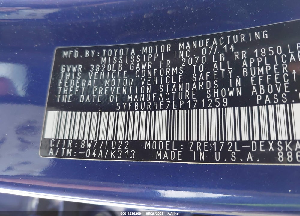 2014 TOYOTA COROLLA S PLUS VIN: 5YFBURHE7EP171259