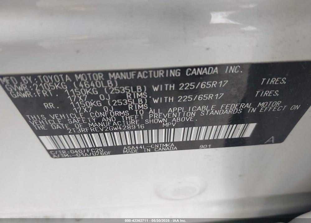 2016 TOYOTA RAV4 VIN: 2T3RFREV2GW428916