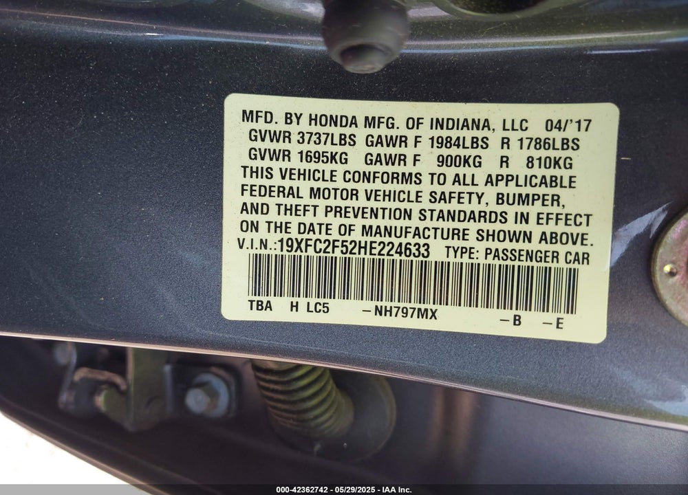 2017 HONDA CIVIC VIN: 19XFC2F52HE224633
