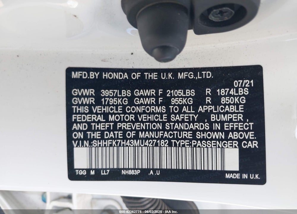 2021 HONDA CIVIC VIN: SHHFK7H43MU427182