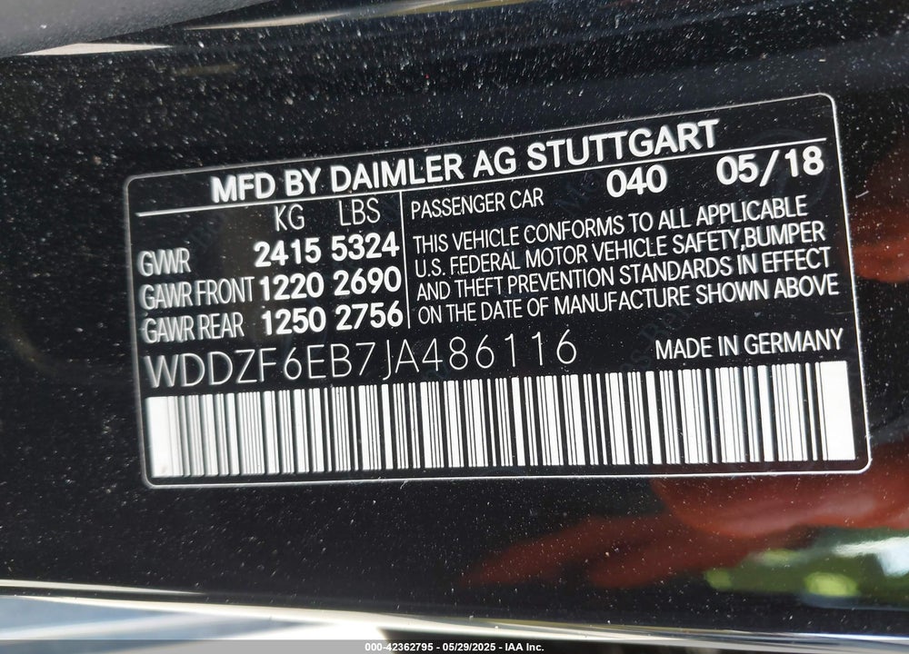 2018 MERCEDES-BENZ E-CLASS VIN: WDDZF6EB7JA486116