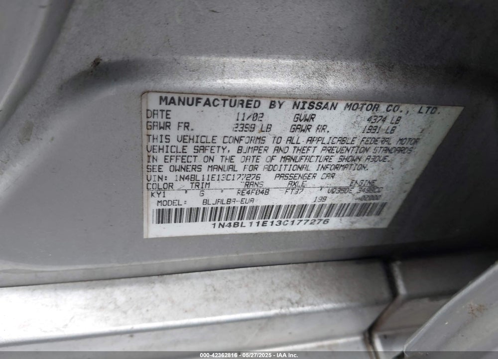 2003 NISSAN ALTIMA 3.5 SE VIN: 1N4BL11E13C177276