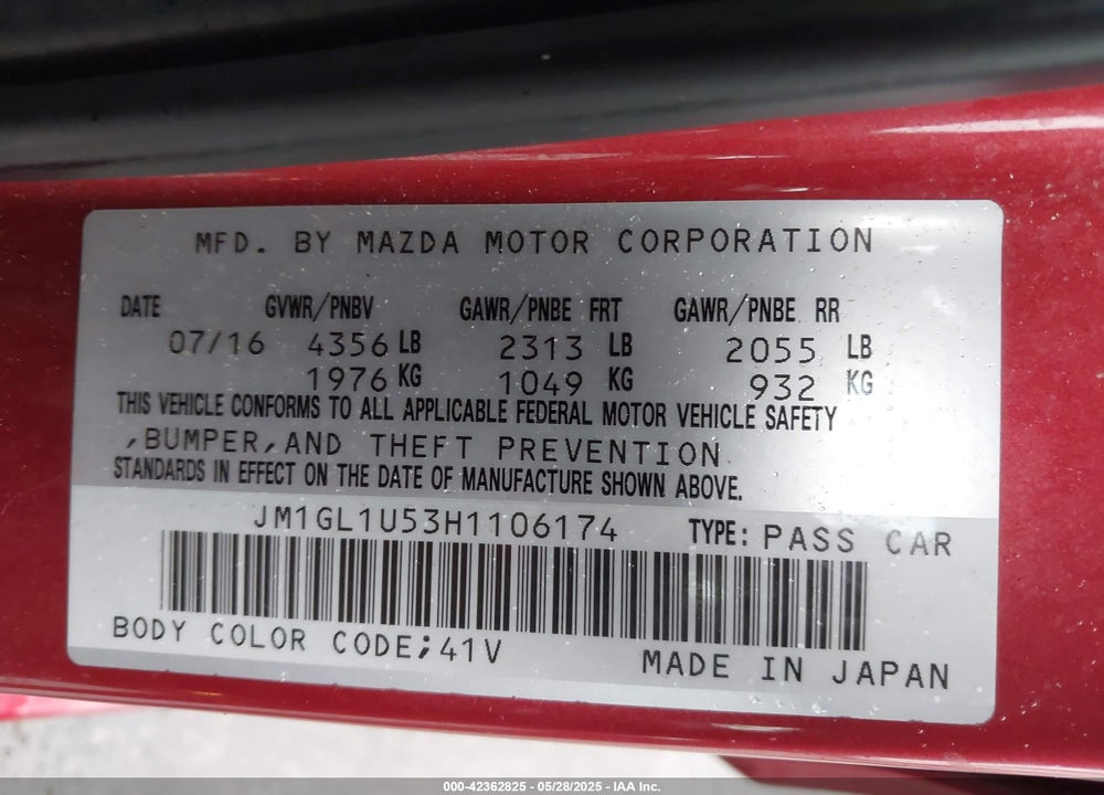 2017 MAZDA MAZDA6 VIN: JM1GL1U53H1106174