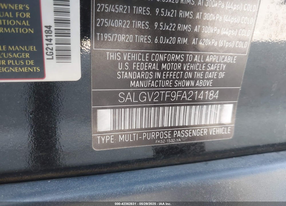 2015 LAND ROVER RANGE ROVER 5.0L V8 SUPERCHARGED AUTOBIOGRAPHY VIN: SALGV2TF9FA214184
