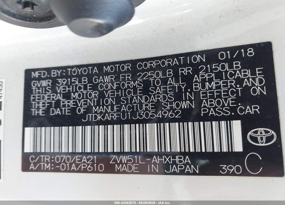 2018 TOYOTA PRIUS VIN: JTDKARFU1J3054962