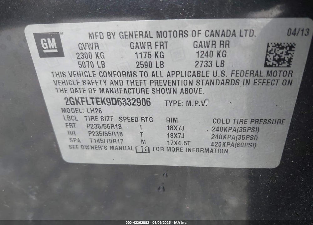 2013 GMC TERRAIN SLE-2 VIN: 2GKFLTEK9D6332906