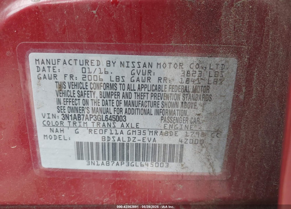 2016 NISSAN SENTRA VIN: 3N1AB7AP3GL645003
