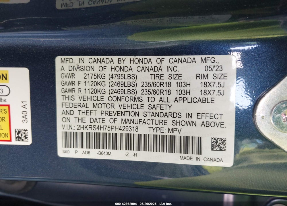 2023 HONDA CR-V VIN: 2HKRS4H75PH429318
