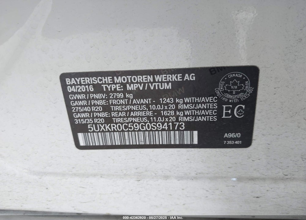 2016 BMW X5 XDRIVE35I VIN: 5UXKR0C59G0S94173