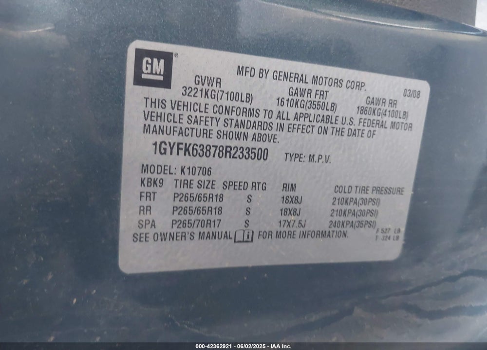 2008 CADILLAC ESCALADE VIN: 1GYFK63878R233500