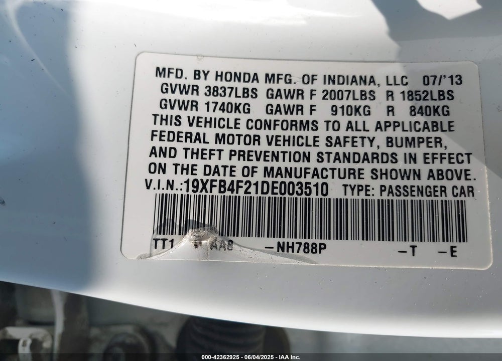 2013 HONDA CIVIC HYBRID VIN: 19XFB4F21DE003510