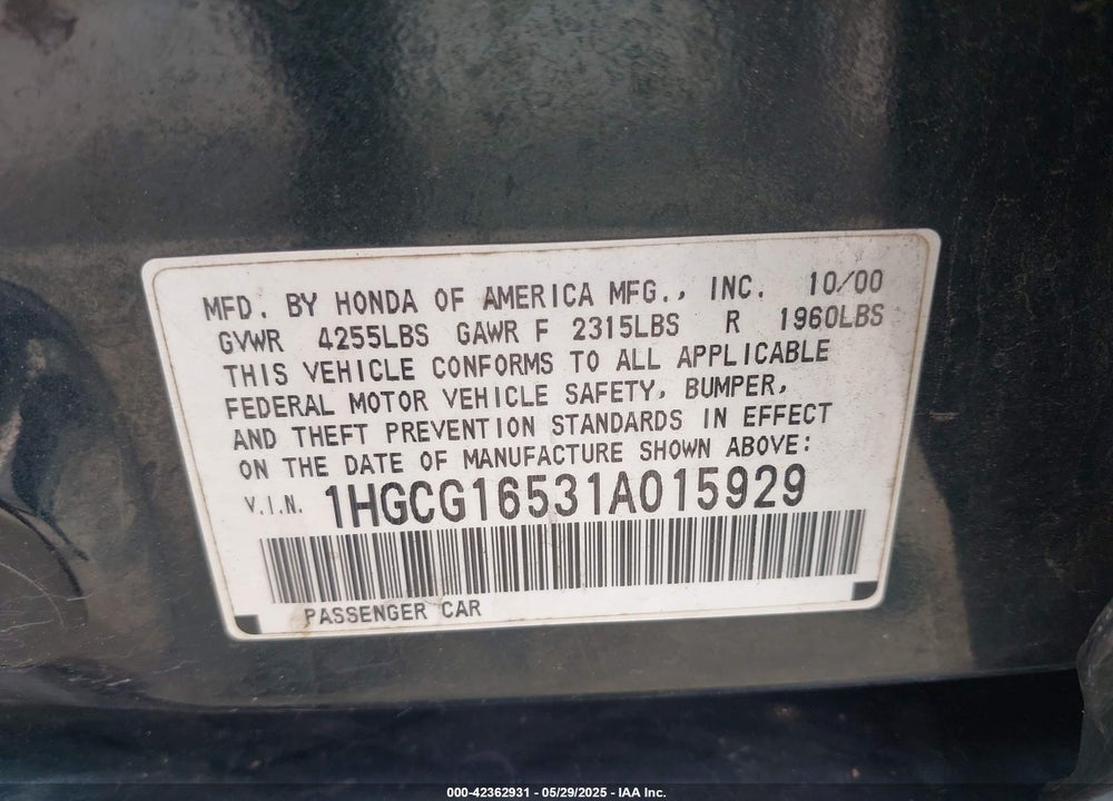 2001 HONDA ACCORD 3.0 EX VIN: 1HGCG16531A015929