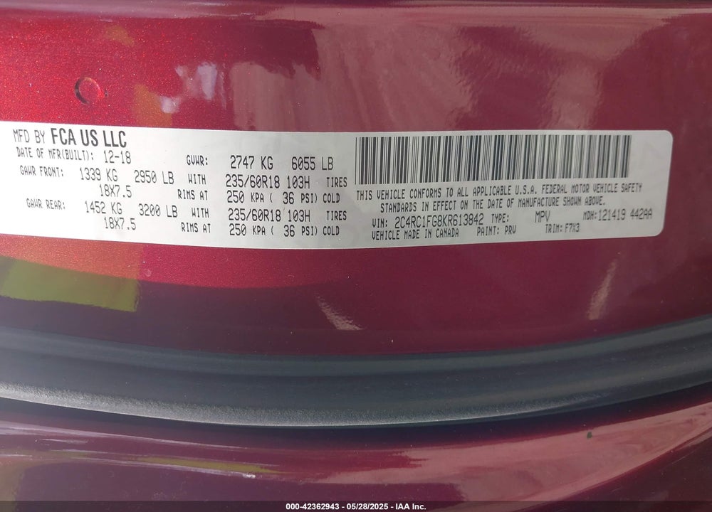2019 CHRYSLER PACIFICA TOURING PLUS VIN: 2C4RC1FG8KR613842