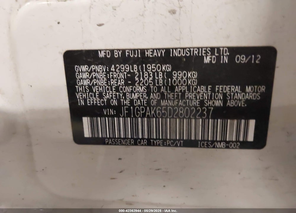 2013 SUBARU IMPREZA VIN: JF1GPAK65D2802237