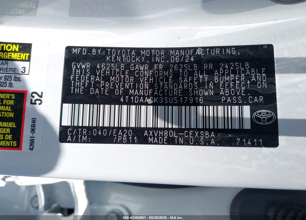 2025 TOYOTA CAMRY VIN: 4T1DAACK3SU517916