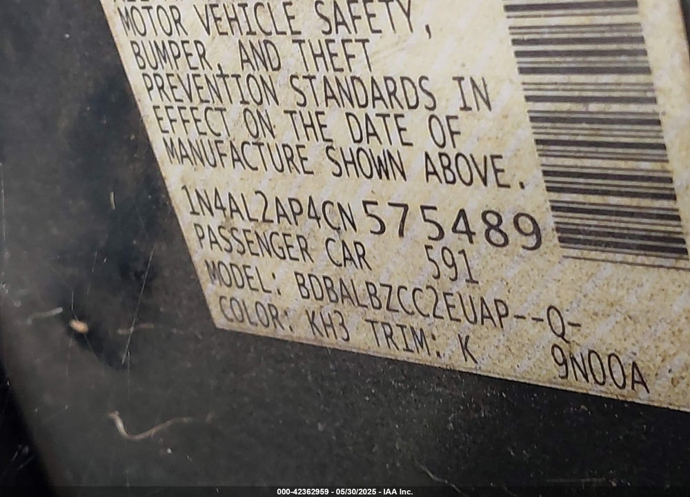 2012 NISSAN ALTIMA VIN: 1N4AL2AP4CN575489