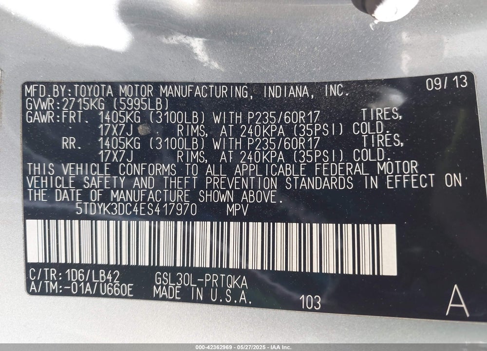 2014 TOYOTA SIENNA VIN: 5TDYK3DC4ES417970