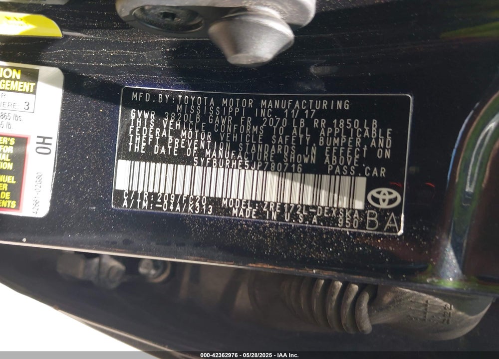 2018 TOYOTA COROLLA VIN: 5YFBURHE5JP780716