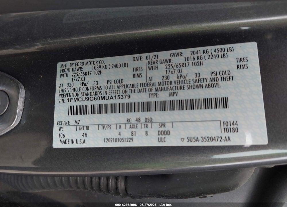 2021 FORD ESCAPE VIN: 1FMCU9G60MUA15379