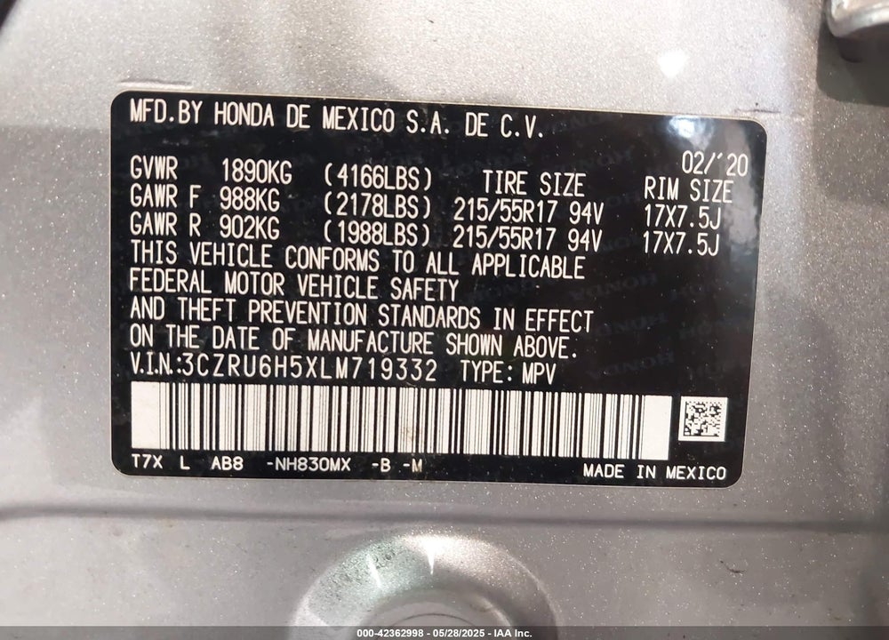 2020 HONDA HR-V VIN: 3CZRU6H5XLM719332