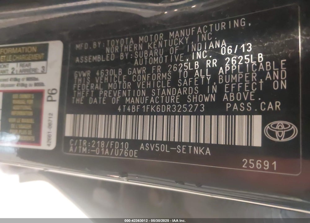 2013 TOYOTA CAMRY LE VIN: 4T4BF1FK6DR325273