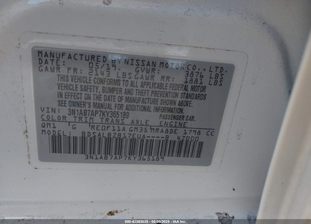 2019 NISSAN SENTRA VIN: 3N1AB7AP7KY365189