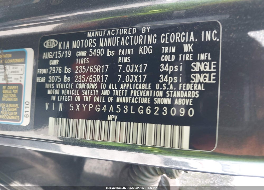 2020 KIA SORENTO 3.3L LX VIN: 5XYPG4A53LG623090