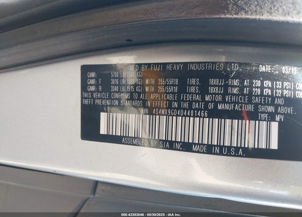 2013 SUBARU TRIBECA VIN: 4S4WX9GD4D4401466