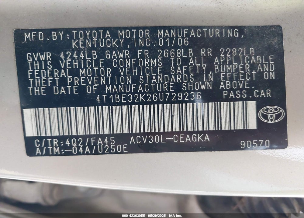 2006 TOYOTA CAMRY XLE VIN: 4T1BE32K26U729236