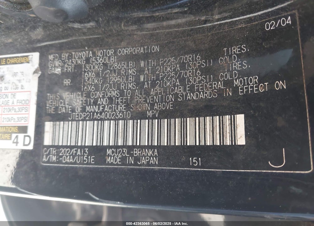 2004 TOYOTA HIGHLANDER V6 VIN: JTEDP21A640023610