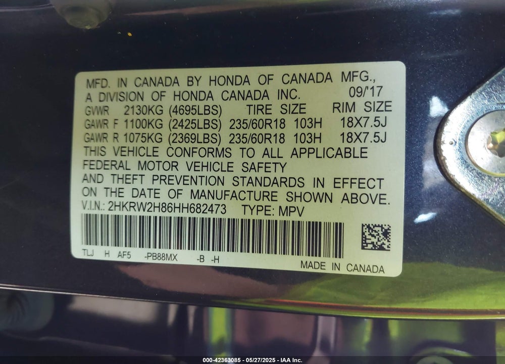 2017 HONDA CR-V EX-L/EX-L NAVI VIN: 2HKRW2H86HH682473