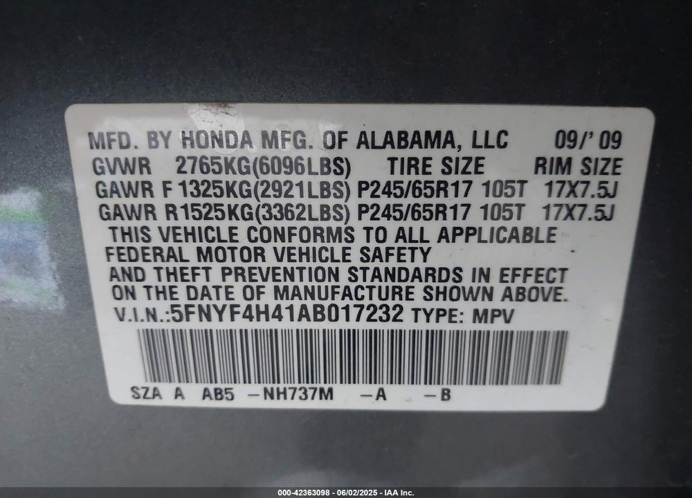 2010 HONDA PILOT EX VIN: 5FNYF4H41AB017232