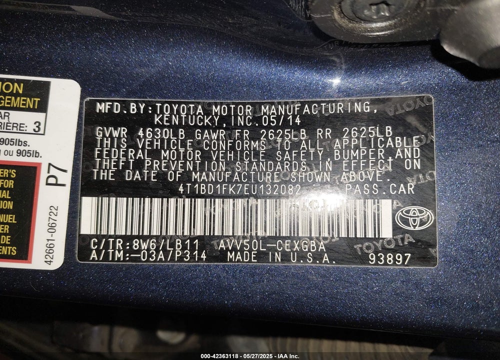 2014 TOYOTA CAMRY HYBRID VIN: 4T1BD1FK7EU132082