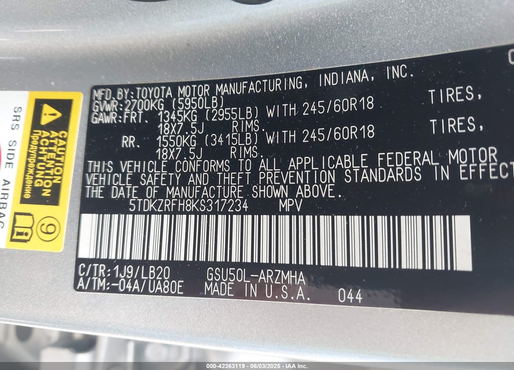 2019 TOYOTA HIGHLANDER VIN: 5TDKZRFH8KS317234