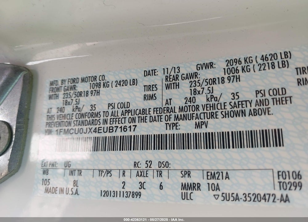 2014 FORD ESCAPE TITANIUM VIN: 1FMCU0JX4EUB71617