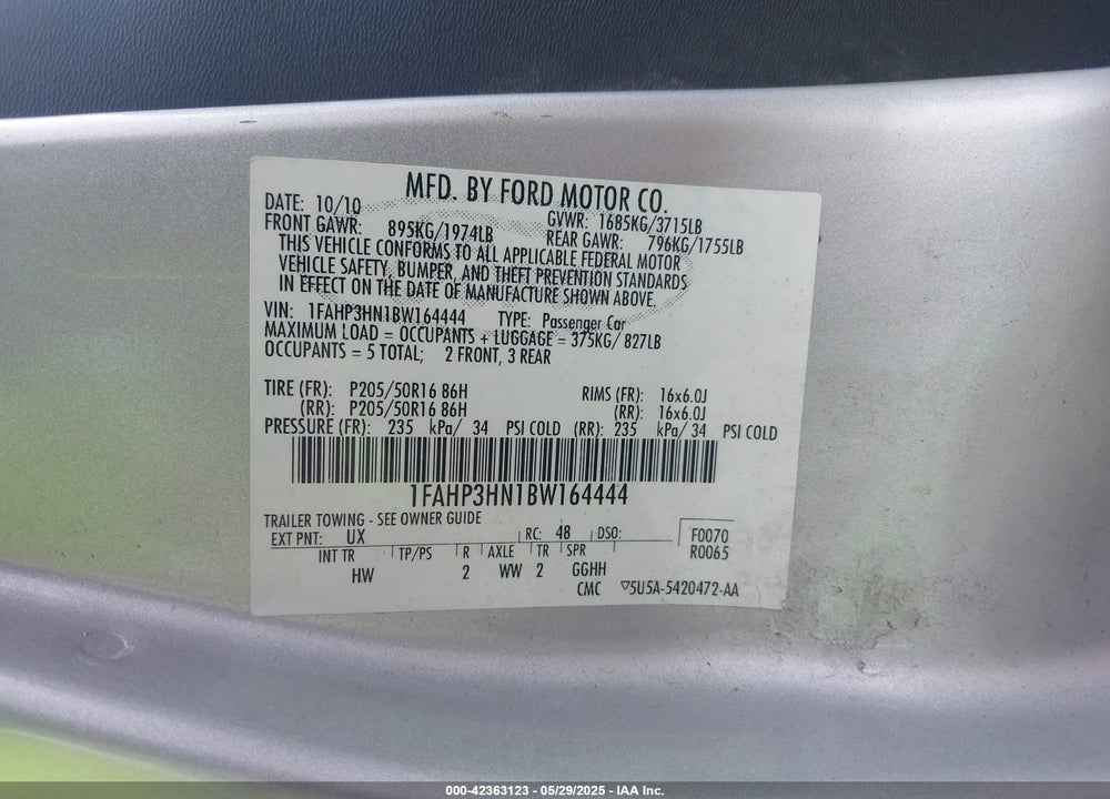 2011 FORD FOCUS VIN: 1FAHP3HN1BW164444