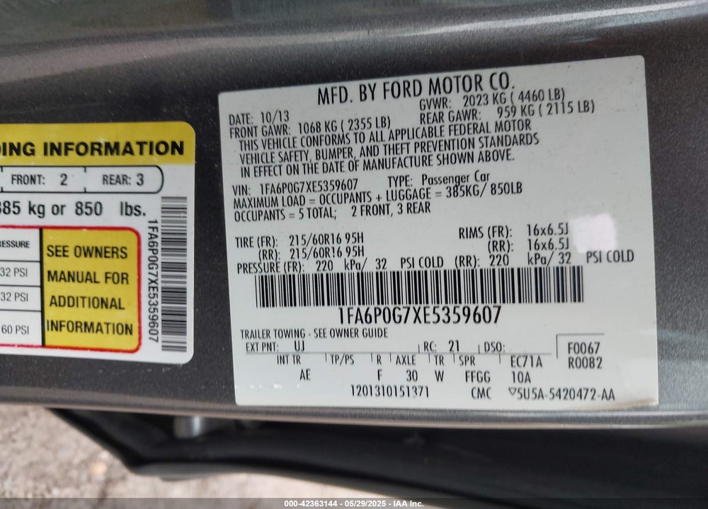 2014 FORD FUSION VIN: 1FA6P0G7XE5359607