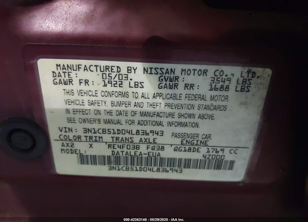 2004 NISSAN SENTRA 1.8S VIN: 3N1CB51D04L836943