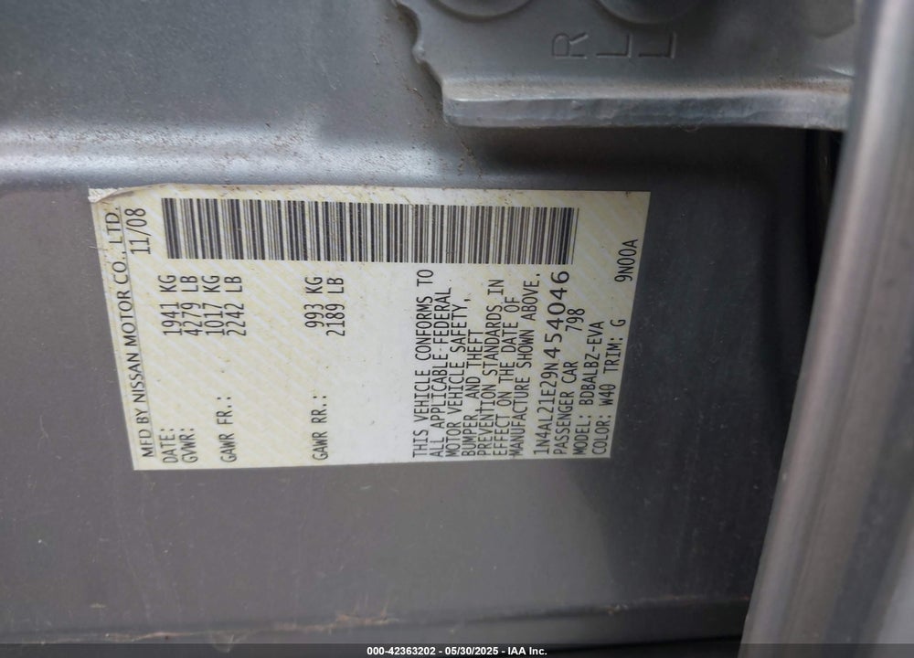 2009 NISSAN ALTIMA VIN: 1N4AL21E29N454046